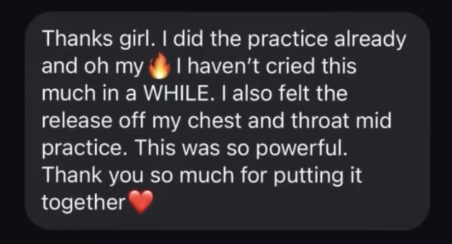 Client message about crying and releasing tension during the practice
