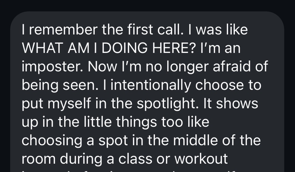 Client message about no longer being afraid of being seen