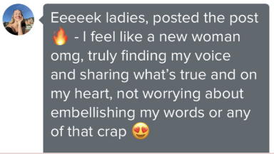 Client message about feeling like a new woman after posting