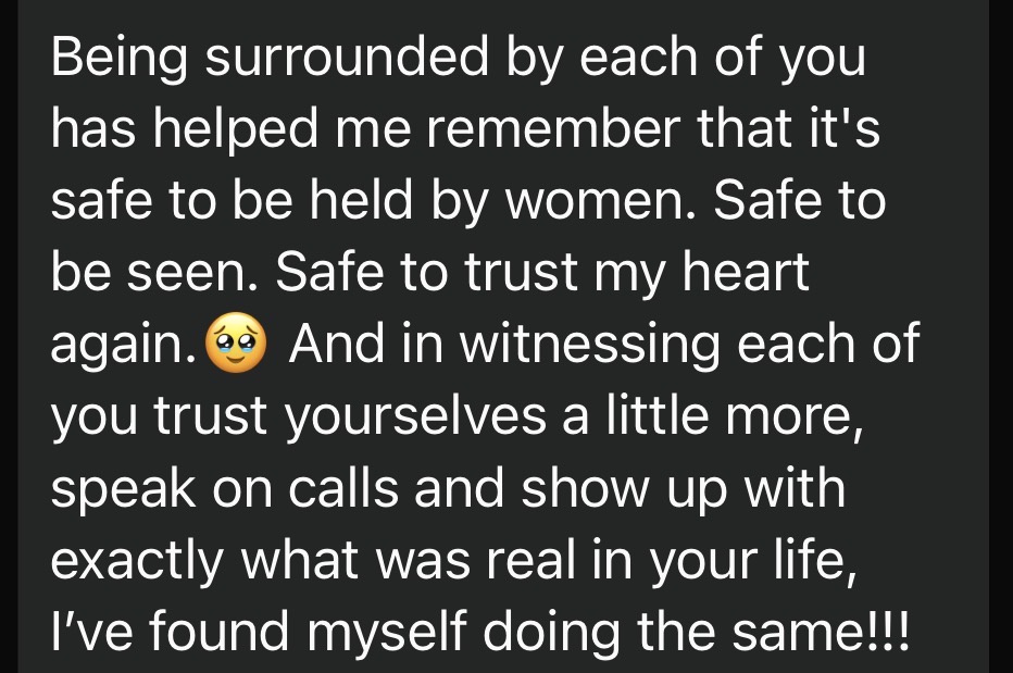 Client message about feeling safe to be held by women and seen